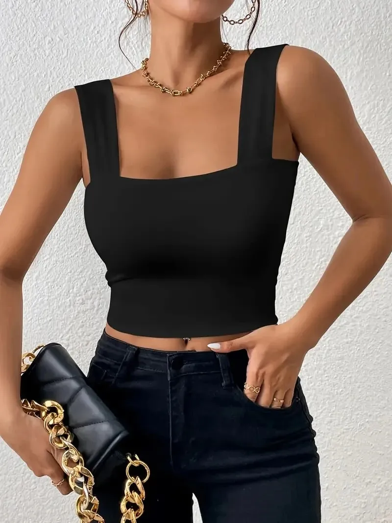 2024 Square Neck Sleeveless Summer Crop Top White Women Black Casual Basic T Shirt Off Shoulder Cami Sexy Backless Tank Top — image 4