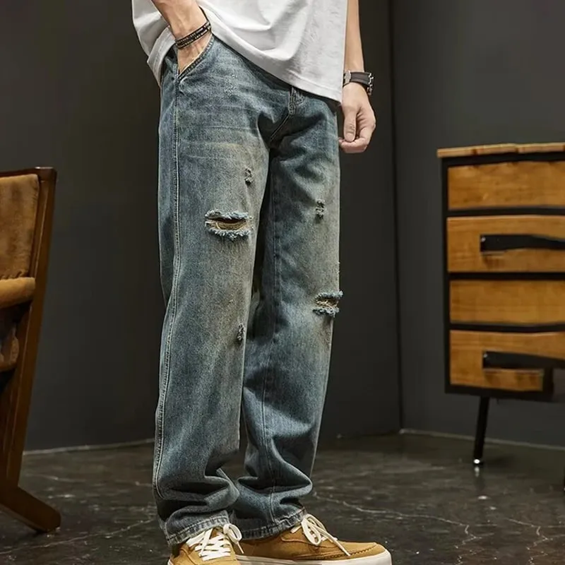 Korean Version Ripped Jeans Men'S Autumn New Retro Casual Pants High Street Loose Straight Leg Pants — image 3