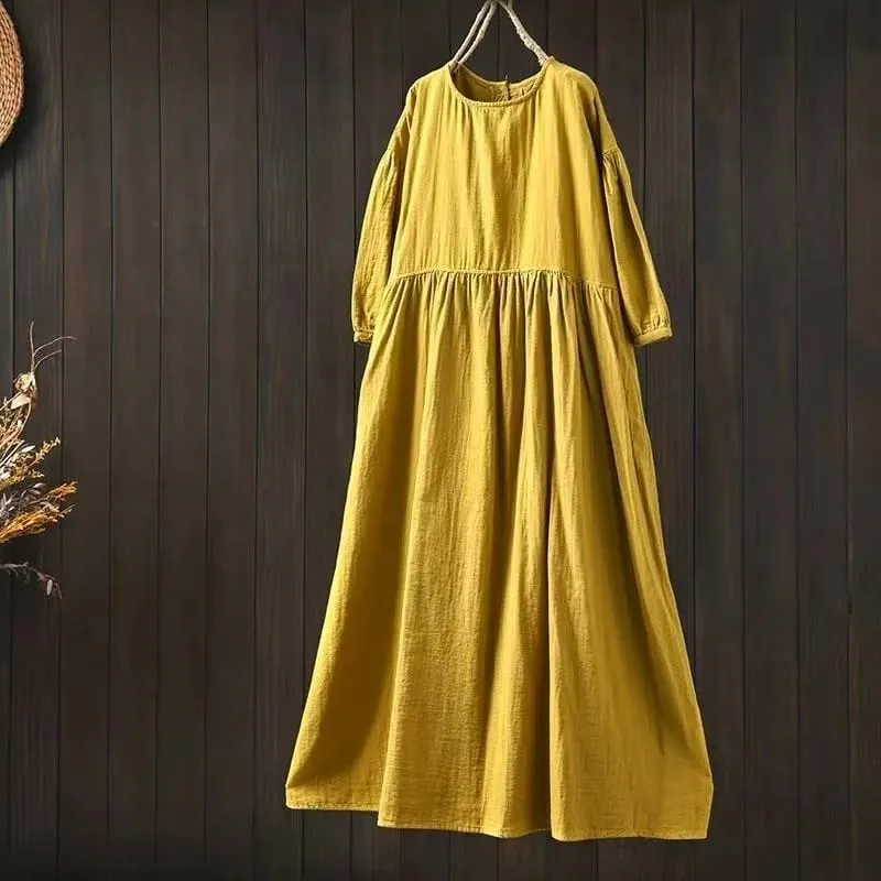 Johnature Women Vintage Cotton Dresses O-Neck Half Sleeve Soft Solid Color Robes 2025 Summer New Casual A-Line Female Dress — image 4
