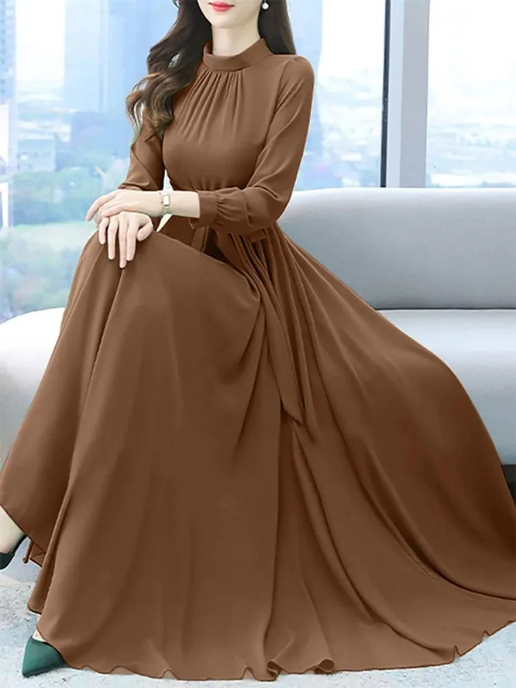 Women Long Sleeve A-line Sundress Spring Long Dress Autumn Solid Party Holiday Maxi Dresses Vestidos Femme Vintage Robe — image 6