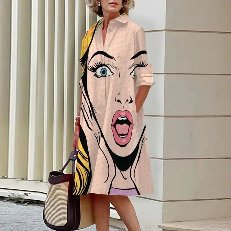 Women's Long Work Dresses Turtleneck High Waist Tie Button Face Pattern Printed Shirt Dresses Button Loose Spring and Summer — image 1