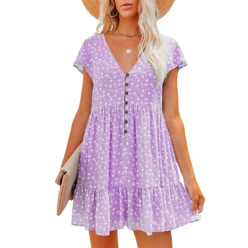 In Europe and the spring and summer independent stand v-neck button small broken flower loose women's leisure dress with short s — image 4