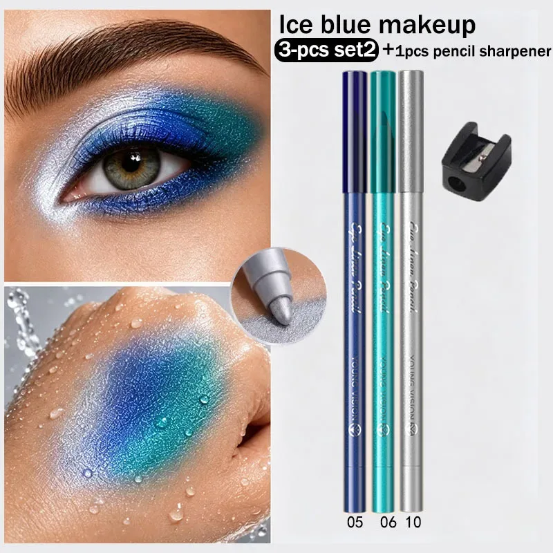 3pcs Pearlescent Eyeliner Pencil Blue Green Purple Multifunctional Eyeshadow Pencil Waterproof High Pigment Eye Liner Makeup