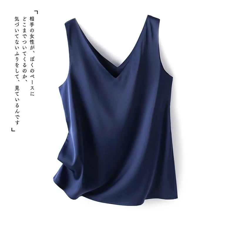 Ladies Silk Suspenders Solid Satin Vest Spring Autumn 2022 New Wild Pullover Tops Women Interior Front/Rear V-Neck Summer Thin — image 14