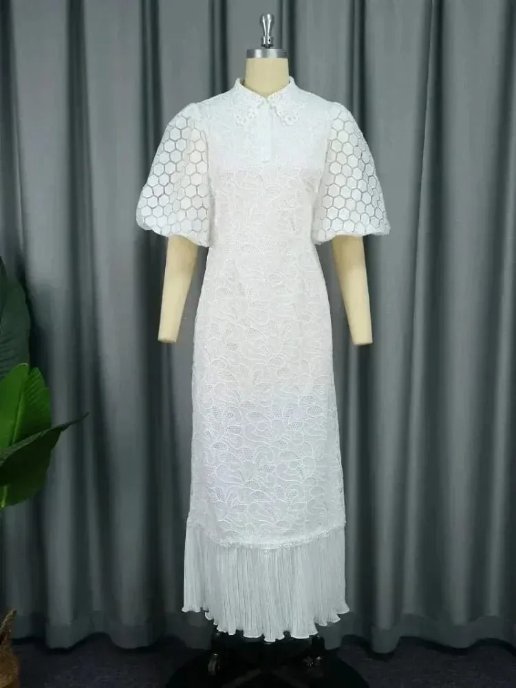 White Lace Dresses for Women Wedding Guests Elegant Turn Down Collar Puff Sleeves Pleated Hem Midi Dress Luxury Occasion Clothes — image 2