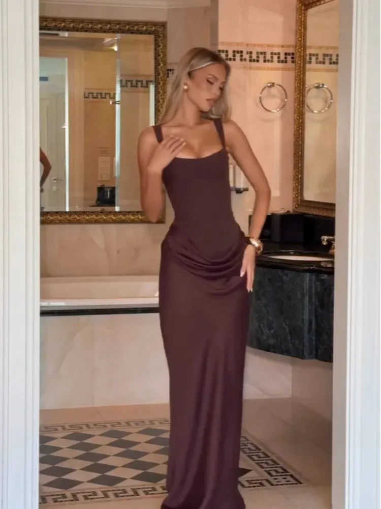 Sarı Straplez Pileli Kadın Bölünmüş Maxi Elbise Zarif Kolsuz Bel Cinching Slim Fit Elbiseler 2026 Bayan Günlük Parti Törenlerinde — image 6