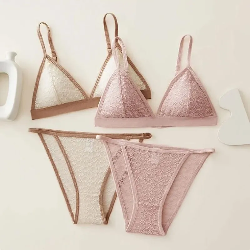 Women Triangle Bra and Panties Set Sheer Floral Lace Bralette Low-Rise Briefs Sexy Lingerie Set Removable Pads Ladies Underwear — image 1