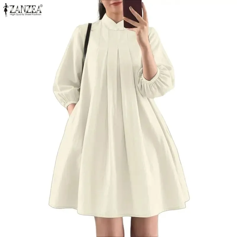 ฤดูร้อนผู้หญิง Elegant จีบชุดคอ 3/4 พัฟแขน Crinkled A-Line เข่าความยาวชุดลำลอง Robes femme