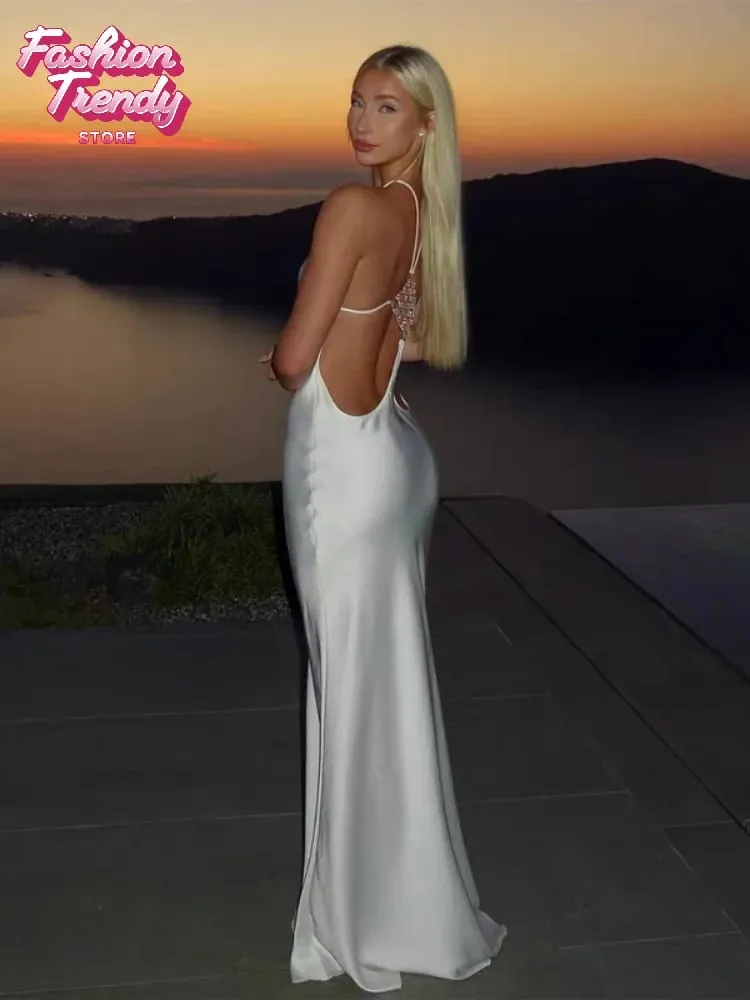 Solid Halter Backless Maxi-jurk met uitsnijding aan de zijkant Dames Stretch Jersey Vloerlengte Slanke bodycon-jurken Nachtclub Vakantiegewaad