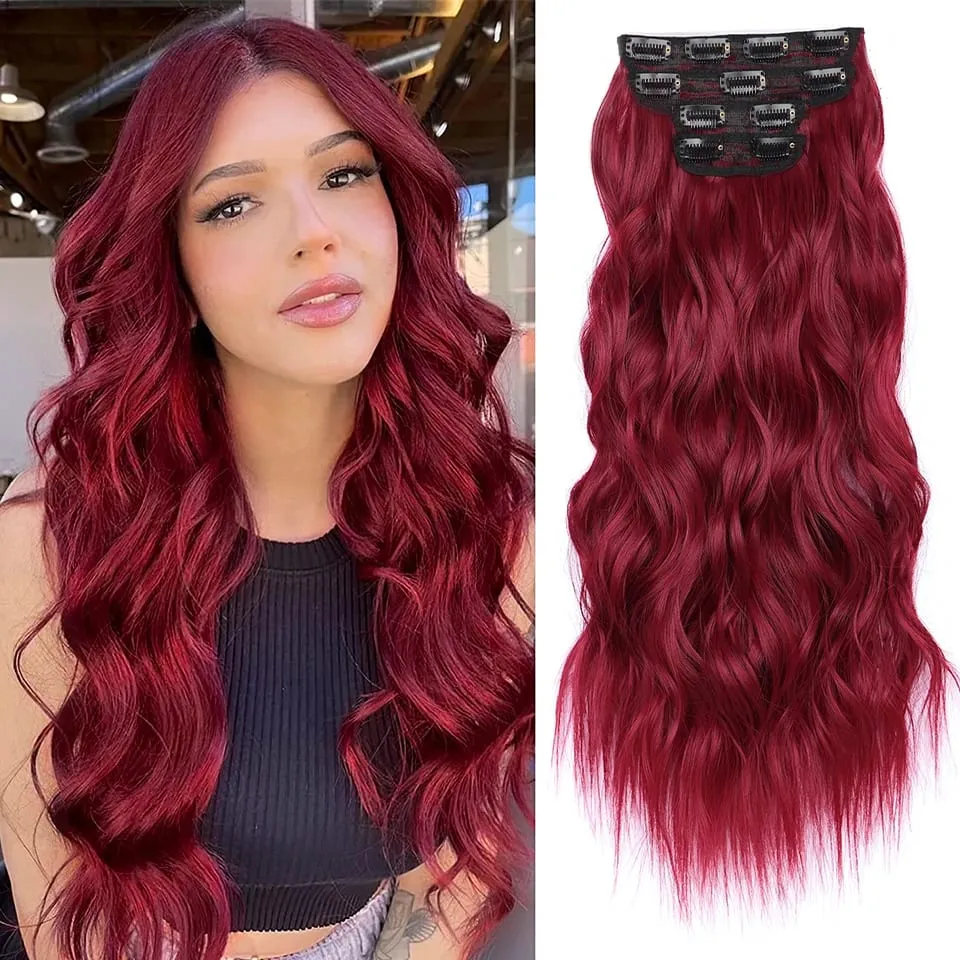 Clip in Synthetic Hair Extensions Long Wavy 4PCS Thick Hairpieces Black Fiber Natural Hair Extensions 20 Inch for Women Girls