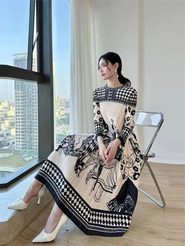 Beautiful Womens Dresses Spring New Printed Loose Folding Dress with Round Neck and Long Sleeve Fashion Temperament Long Dresses — image 7