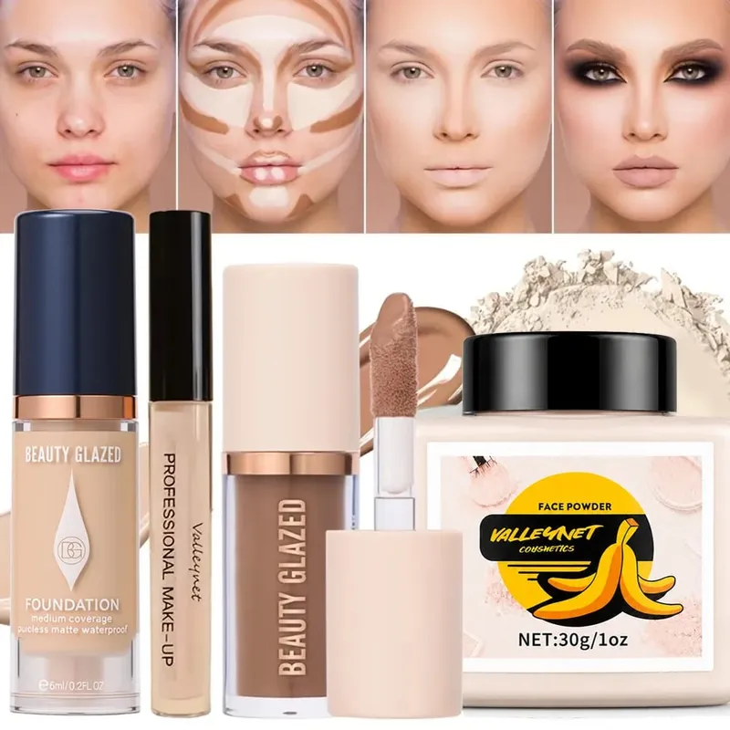 4pcs Face Makeup Set:High-Coverage Concealer Lightweight Foundation 3D Contouring Cream And Oil-Controlling Setting Powder — image 3