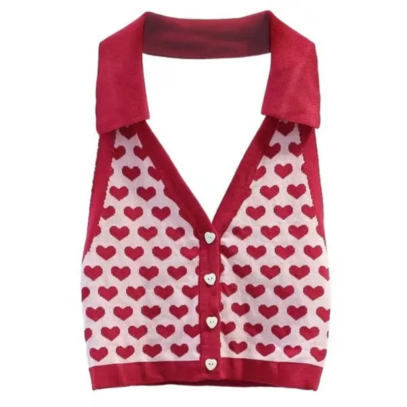 Y2k Heart Halter Vest Teengirl Button Front Sleeveless Collared Crop Top Women's Tanks and Cami Summer Vacation Outfit — image 6