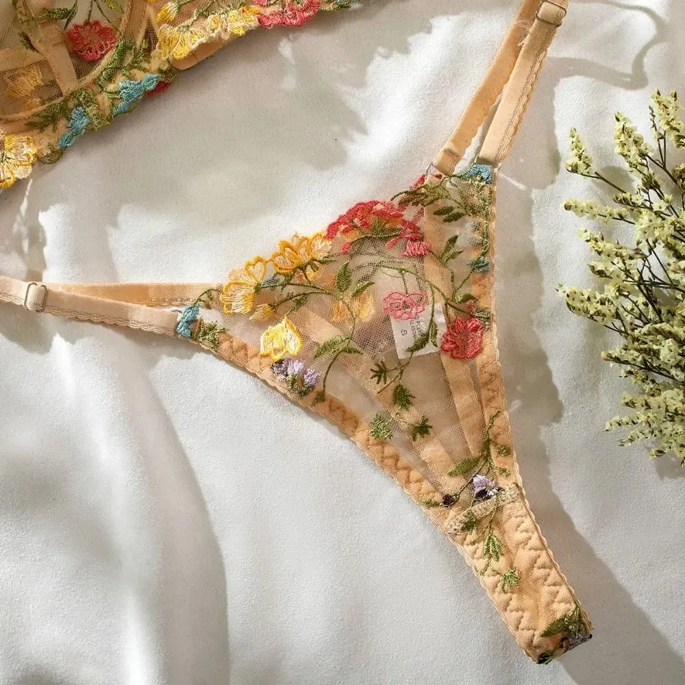 2-Piece Embroidery Lingerie Set Sexy Floral Sheer Wireless Bra Boho Bra Panty Set — image 3