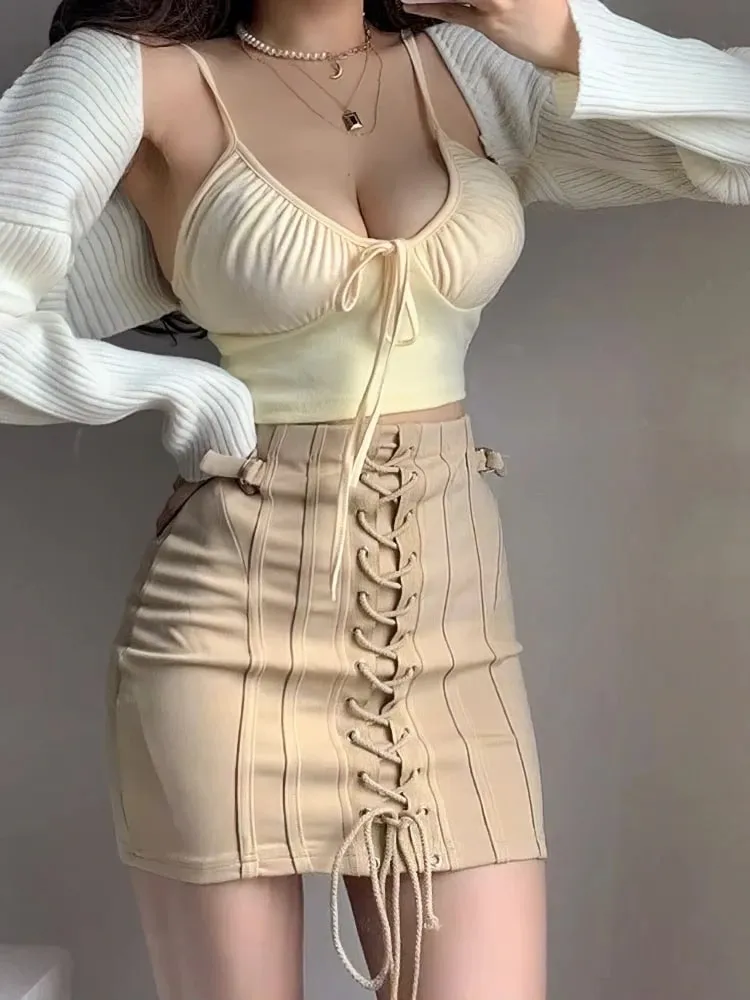 Sexy béžové základní topy podprsenky dámské tílko bez ramen s tenkým ramínkem 100% bavlna Prsatější spodní prádlo Roztomilé vpředu s mašlí se zavazováním — image 5
