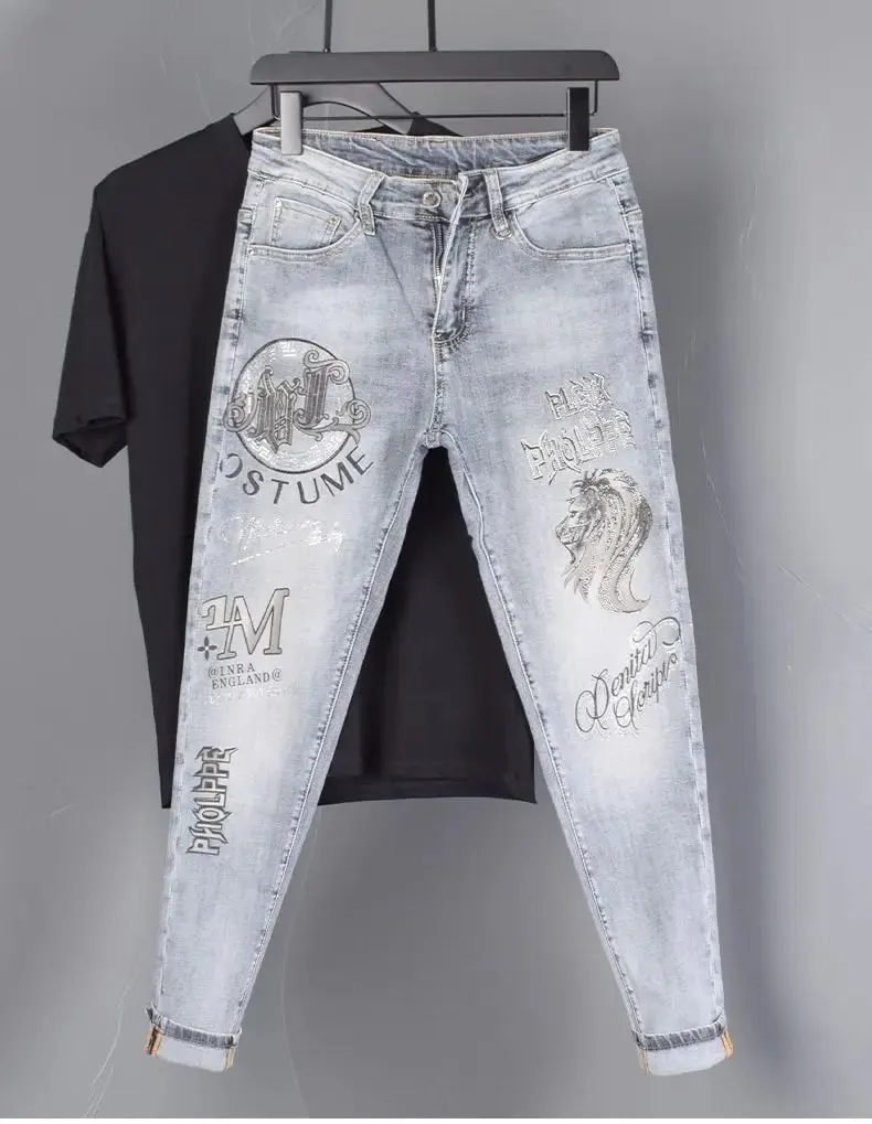 New Slim Fit Casual Jeans with Heavy Duty Ironing Drills Prints Branded Korean Style Clothes for Men Streetwear Washed Jeans — image 8