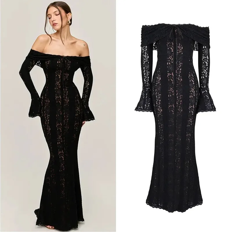 Oligai Abito elegante aderente con spalle scoperte 2024 Nuovo in bianco Abito lungo in pizzo con maniche svasate Abito da sposa per le donne