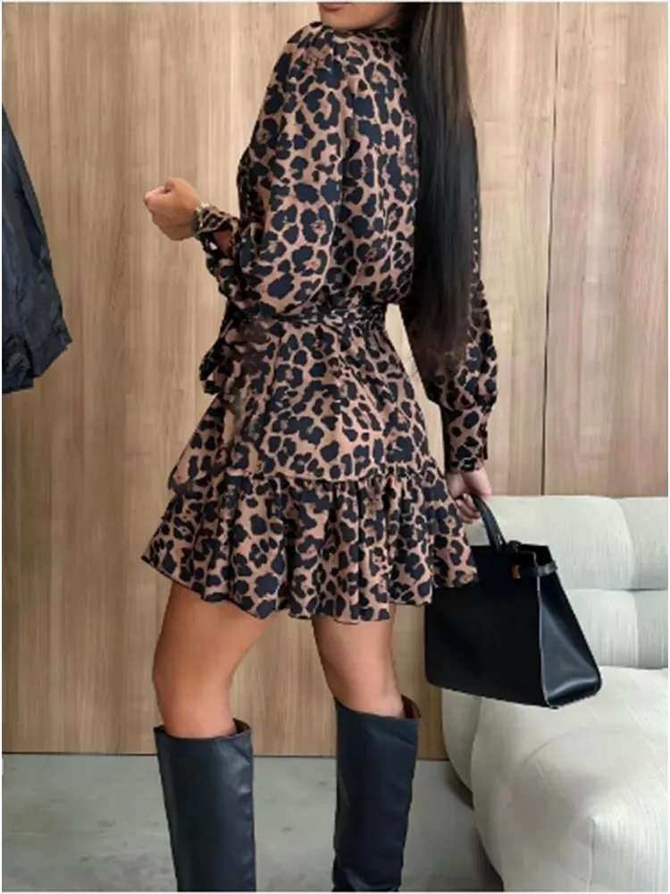 Women's Leopard Printed Dresses V-Neck Lace Up Bubble Long Sleeved Sexy Dress Elegant Dating Autumn Mini Dress — image 5