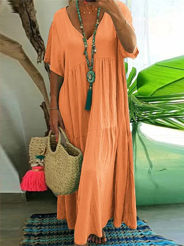 plus Size Women's Casual Loose V-Neck Solid Long Dress Spring Summer Pleated Big Size Women's Dress — image 10