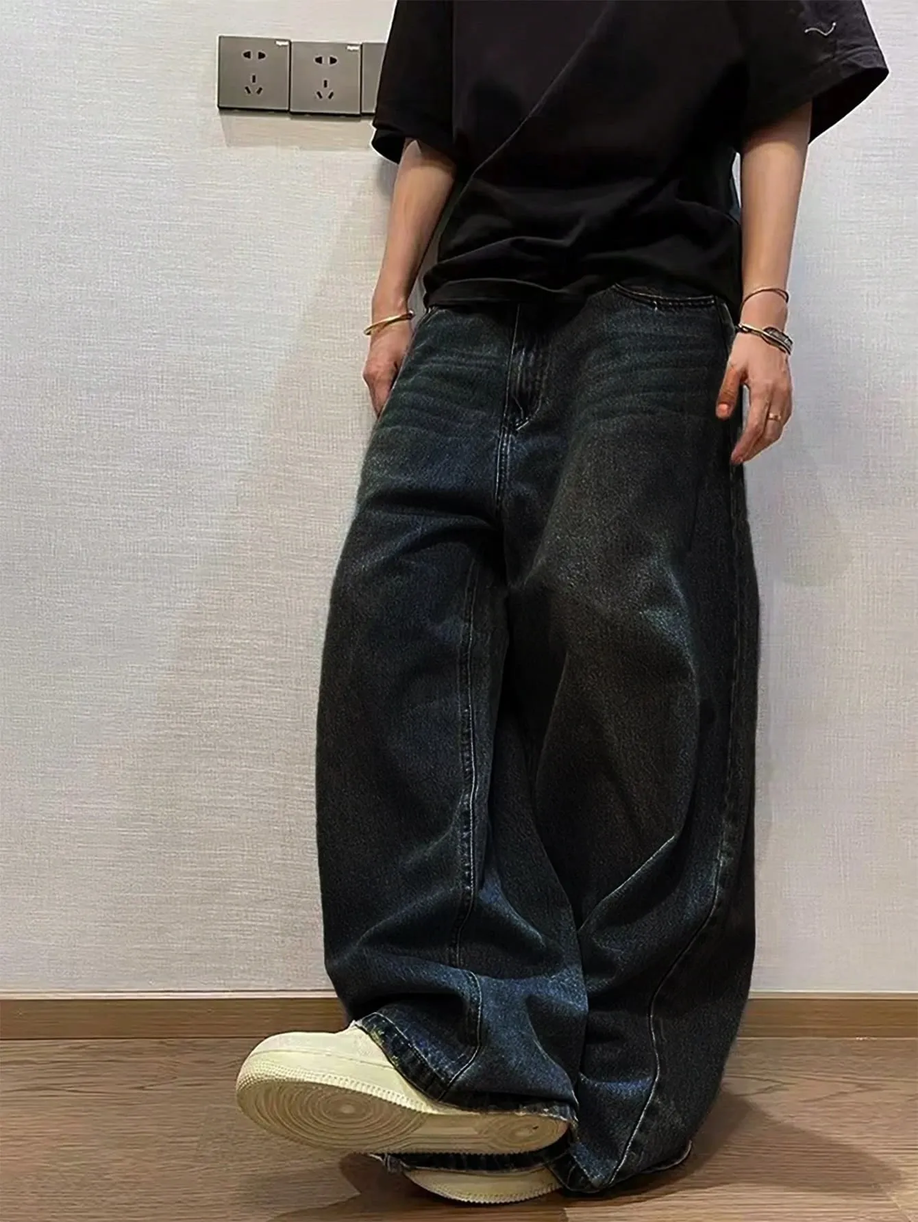 1Pc Men's Wide Pants Brushed Jeans Wide Jeans Y2K New Rocks Jeans Buggy Black Hip-Hop Pants — image 6