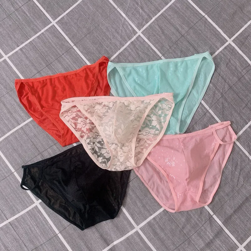 Random 1pc Men Briefs Bottoms Low Waist Transparent Lace Floral Lingerie Breathable Soft Summer Panties Underwear