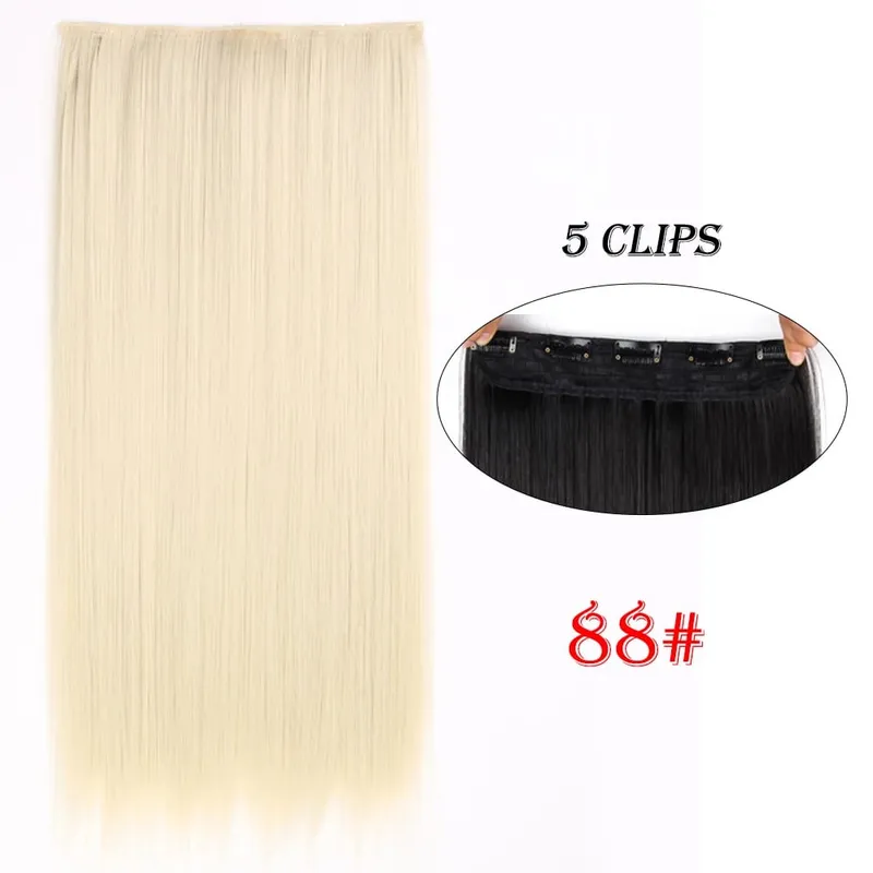 One Piece Clip In Hair Extensions 24" Straight Thick Synthetic Clip In Hairpieces Highlights Black Brown Soft For Women Daily