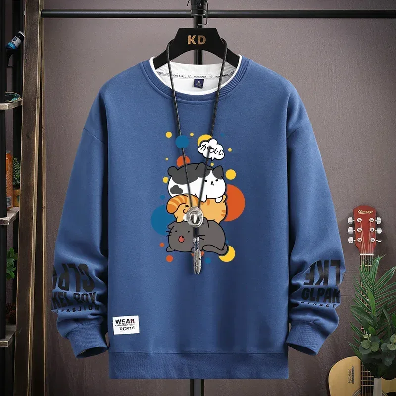 Spring Men's Sweatshirt Japan Cartoon Cats Printed Long Sleeve T-shirt Fashion Men's Clothing Khaki O Neck Harajuku Top 2024 New — image 11