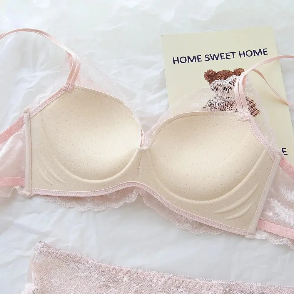 Ensemble de lingerie en dentelle transparente douce, soutien-gorge sans fil à double bretelles pour soulever et rassembler les petits bustes — image 5