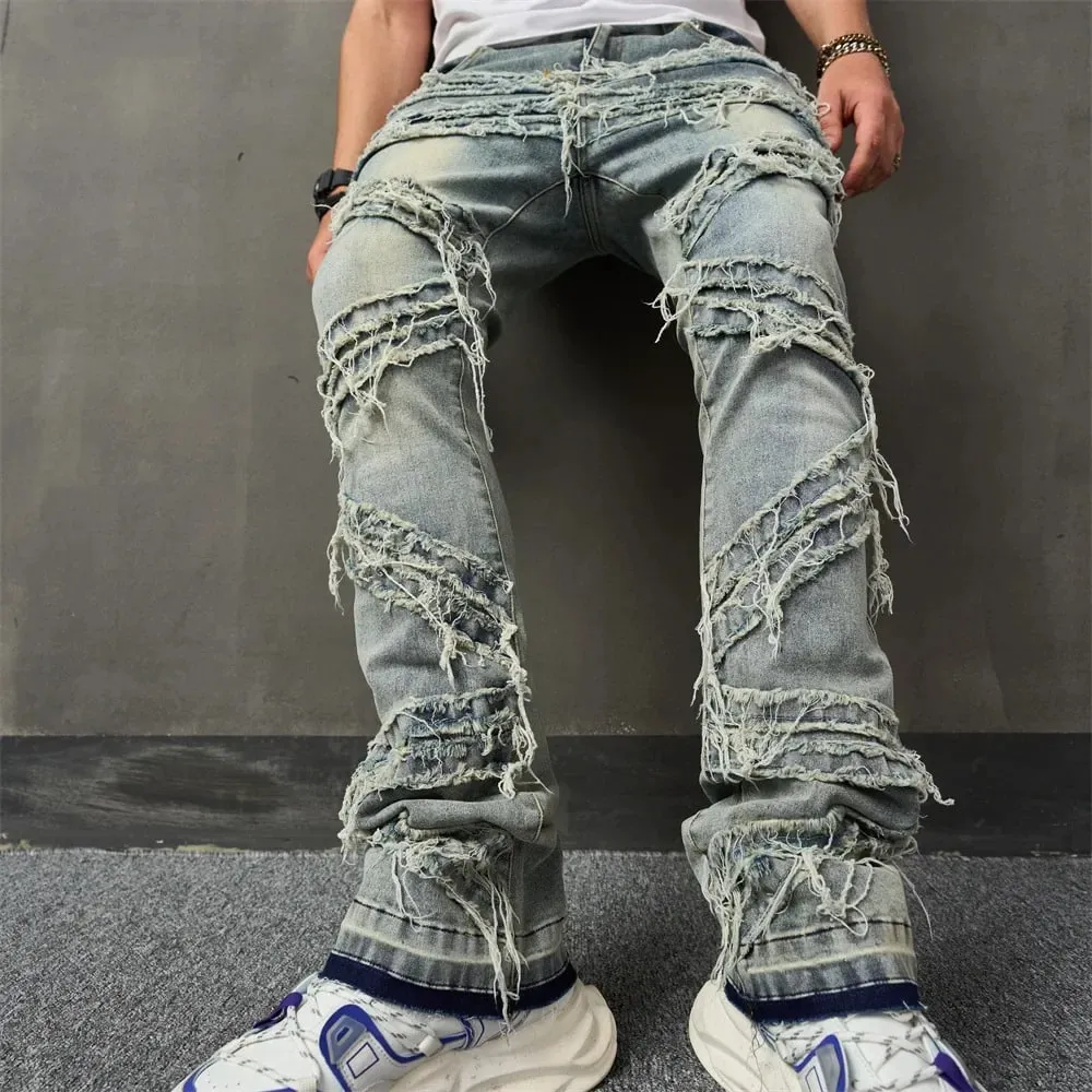 Ripped Men's Jeans Stretchy Denim Streetwear Tearing Patchwork Holes Ripped Denim Loose Casual Pants Slim Fit Straight Trousers