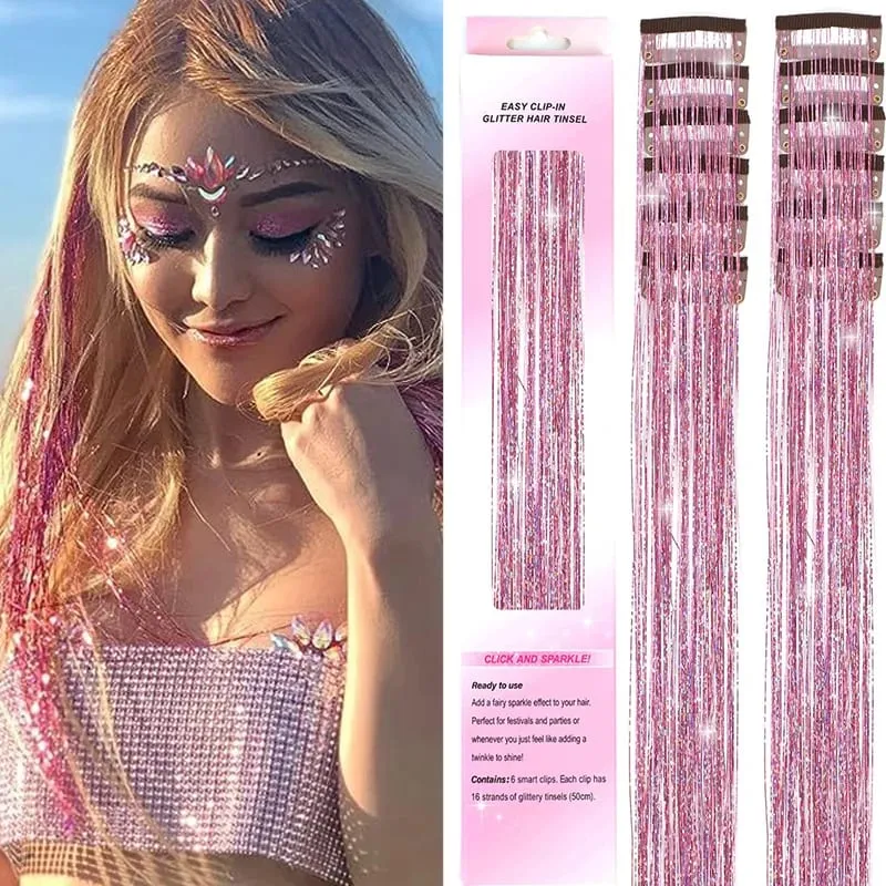 12Pcs Purple Clip in Tinsel Hair Extensions Hairpiece Colored Hair Tinsel Kit Party Highlights Hair Accessories for Women&Kids