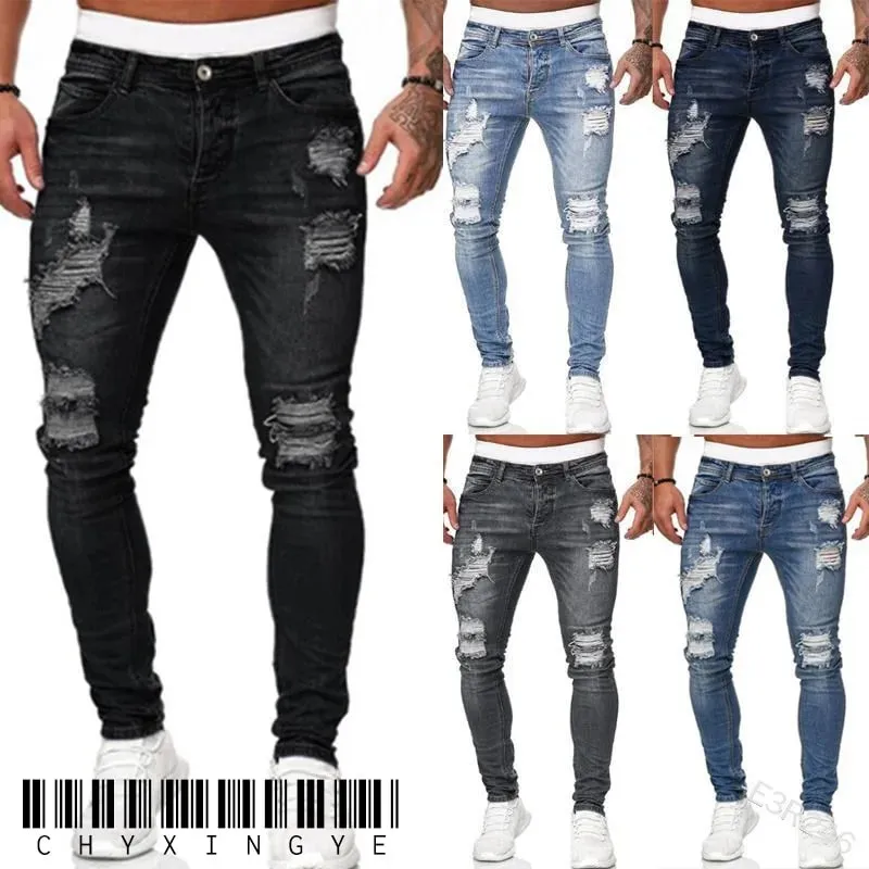 2023 White Embroidery Skinny Ripped Jeans Men Cotton Stretchy Slim Fit Hip Hop Denim Pants Casual Jeans for Men Jogging Trousers — image 9
