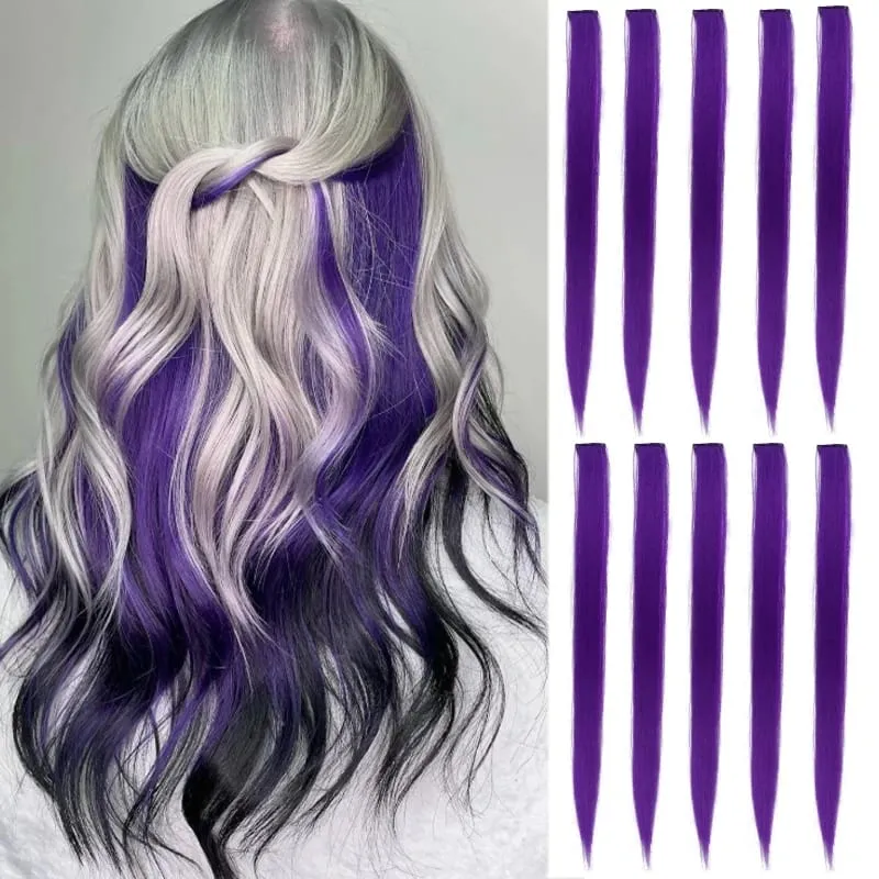 10Pcs Klip Berwarna 24 Inci Dalam Sambungan Rambut Potongan Rambut Serlahan Sintetik Lurus Untuk Pesta Cosplay Gadis — image 9