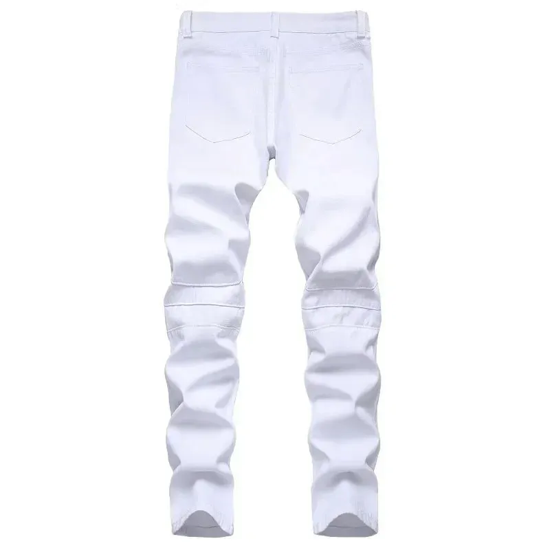 New Men's Slim Jeans White Motorcycle Trendy Casual Patchwork Denim Trousers Fashion Tight Folding Male Pants (without Belt) — image 3