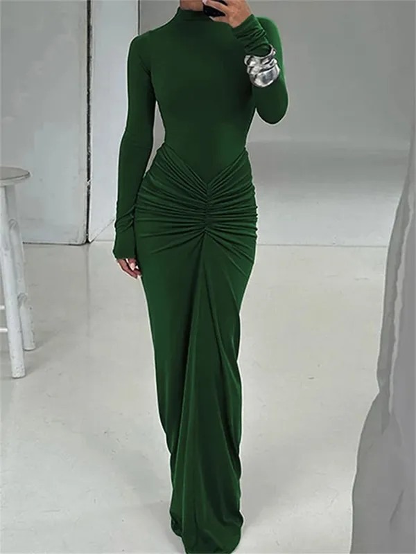 kliou Shirring Women Classic Maxi Dress Autumn New Solid Long Sleeve High Collar Body-shaping Vestidos Mujer Concise Trend Robe — image 9