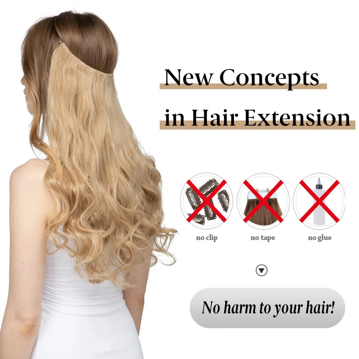 Synthetic No Clip Wave Hair Extensions Ombre Natural Black Blonde Pink One Piece False Hairpiece Fish Line Fake Hair Piece — image 3