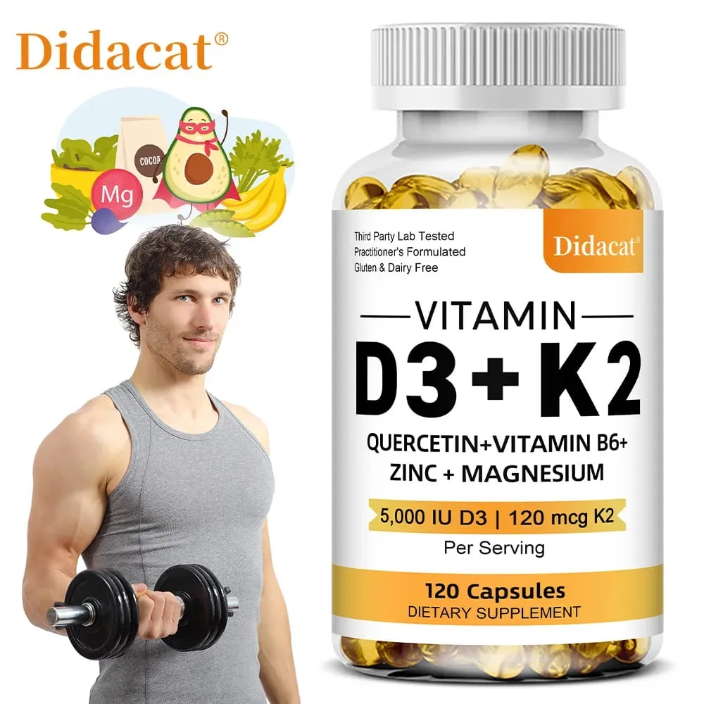 Vitamin D3 5000IU and 120 Mcg Vitamin K2 Capsules for Calcium Absorption Bone Regeneration Immune Support Easy To Melt — image 1