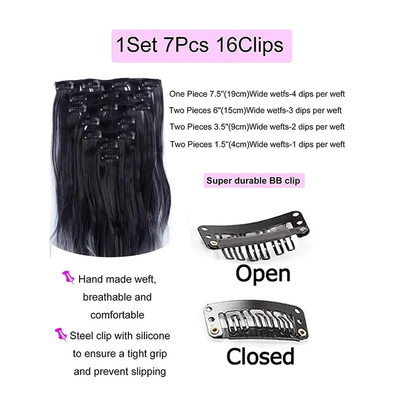 Clip in Long Wavy Synthetic Hair Extension 22 Inch Black 7PCS Thick Hairpieces Fiber Double Weft Hair for Women