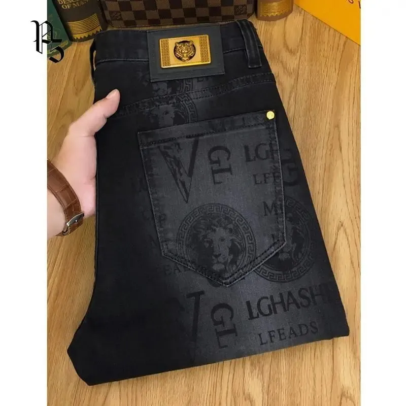 Spring and Autumn Korean Slim Jeans for Men 2025 High-end Luxury Clothing Black Printing Mid-waist Stretch Casual Pencil Pants — image 2