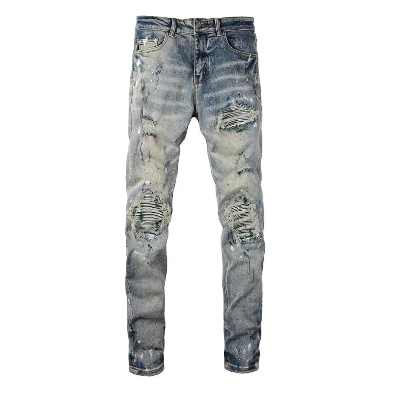 Men Painted Stretch Denim Biker Jeans Streetwear Cracked Patch Patchwork Holes Ripped Distressed Pants Skinny Tapered Trousers — image 8