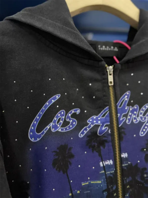 False Rhinestone Starry Sky Pattern Print Washed Zipper Loose Hoodie Street Casual Cotton Versatile Sports Trendy Sweatshirt — image 20