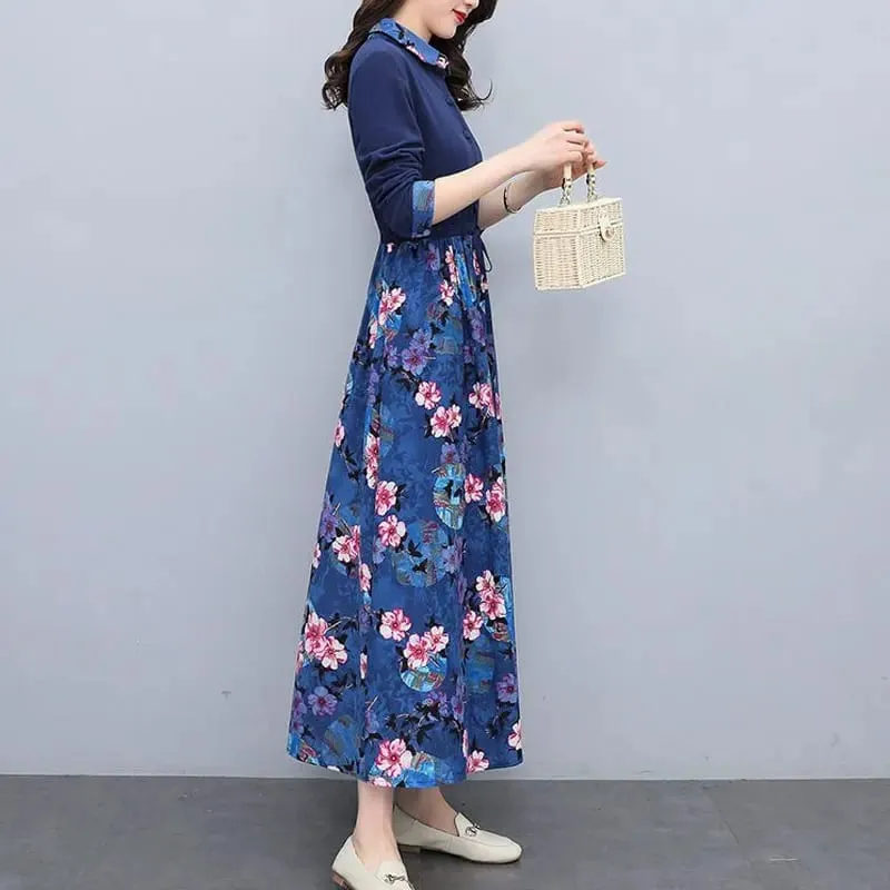Women's Clothing Casual Printed Dresses Spring Autumn New Single-breasted Fashion Turn-down Collar Commute Drawstring Long Dress — image 2