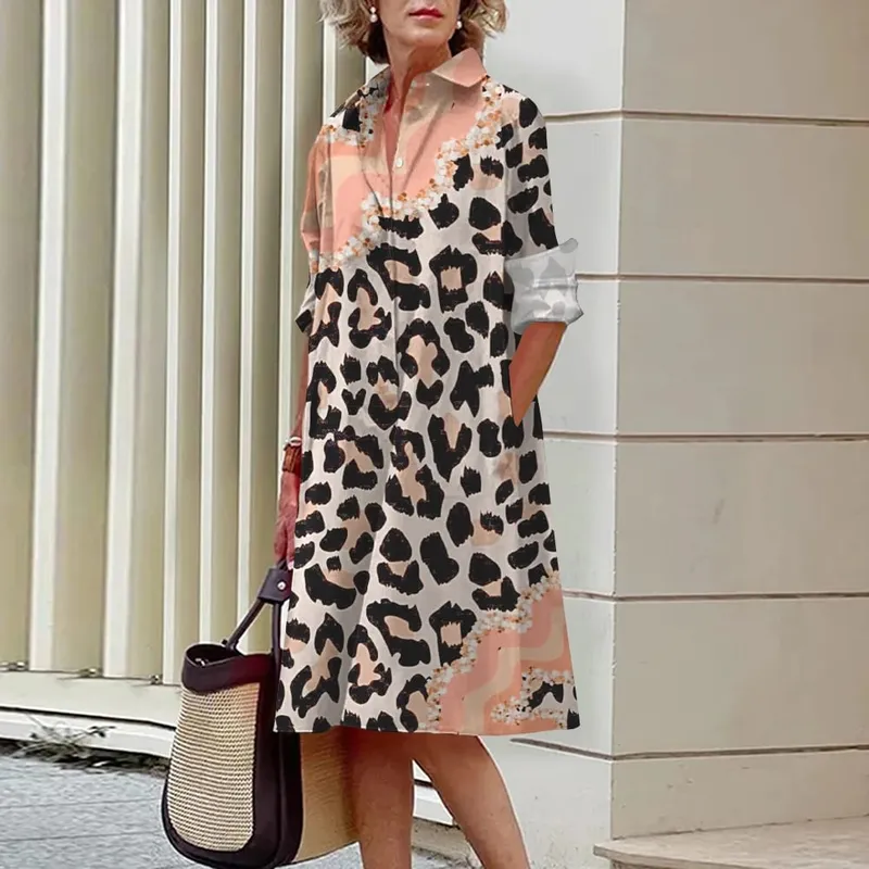 2024 Elegant Ladies Long Sleeve Shirt Dress Lapel Button Exquisite Printing Mid-Length Dress Casual Loose Commuter Shirt Dresses — image 7