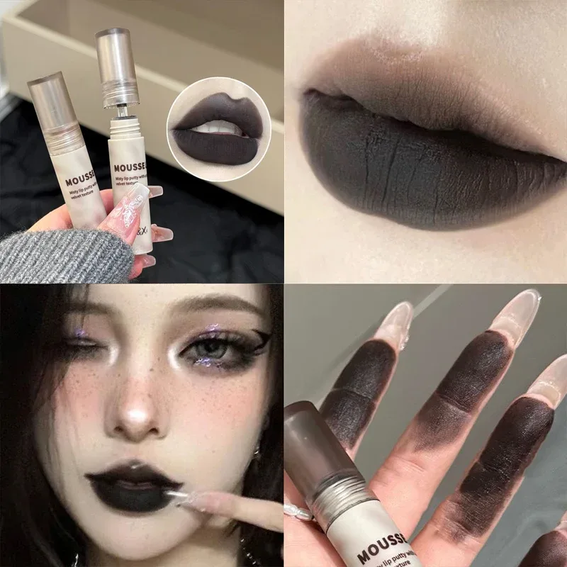 Gothic Matte Black Lipstick Waterproof Mousse Mud Nude Brown Lipstick Dark Purple Punk Lip Gloss Makeup Non-stick Tint — image 3