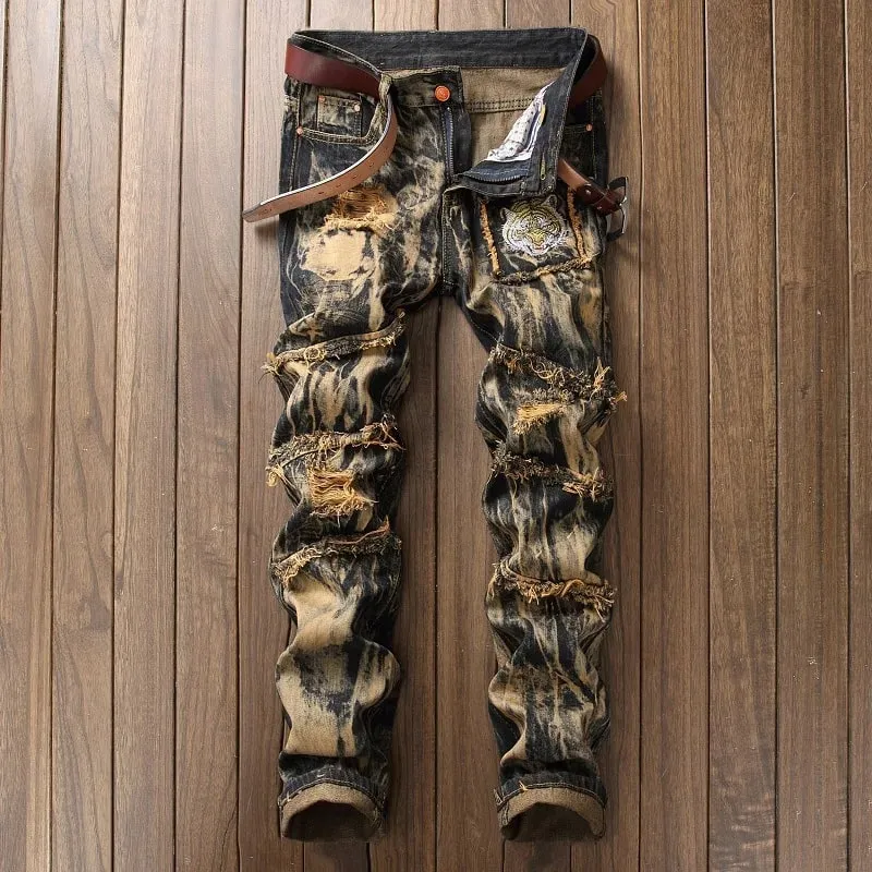American Vintage Straight-leg Jeans for Men Featuring Distressed Rip Details Patchwork and Street-style Tapered Cut.