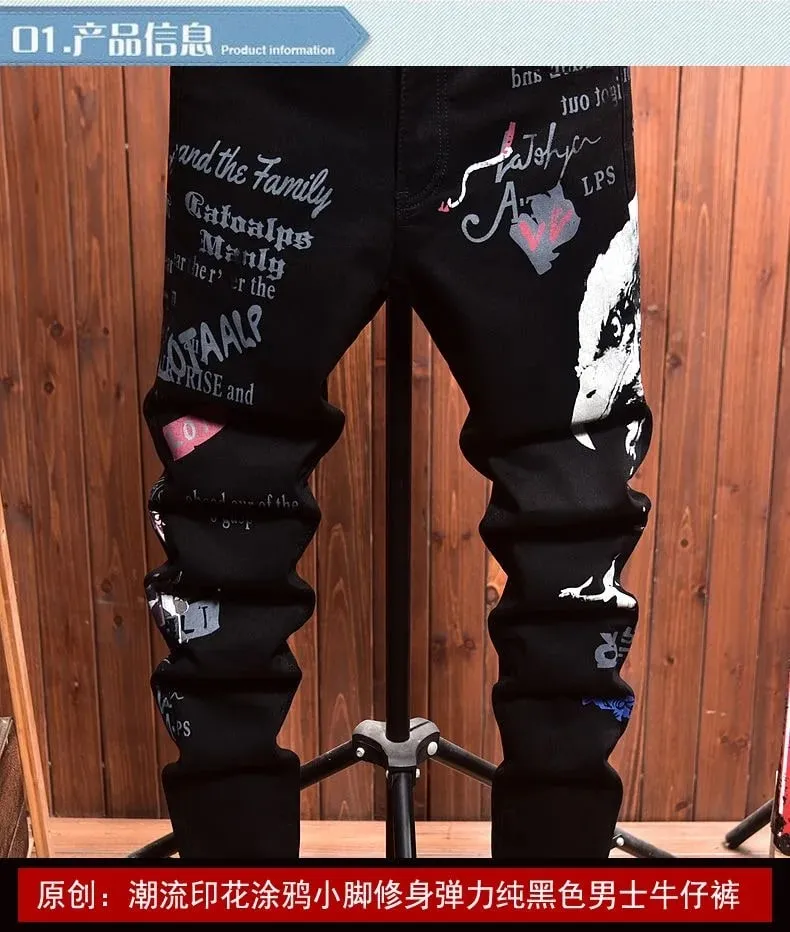 2025 Spring and Autumn New Fashion Trend Printed Black Straight Leg Jeans Men's Casual Comfort Breathable High Quality Pants — image 7