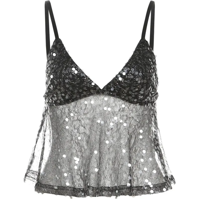 Nibber Sequins Patchwork Mesh Camisole Women v-Neck Sexy Backless Summer Trend Street Midnight Versatile Hottie Classic Tops
