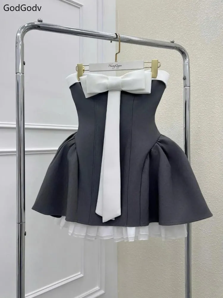 Summer New Vintage Elegant Woman Dress Strapless Bow Patchwork High Waist Puffy Mini Dress Female French Chic Sexy Outfits 2025 — image 5