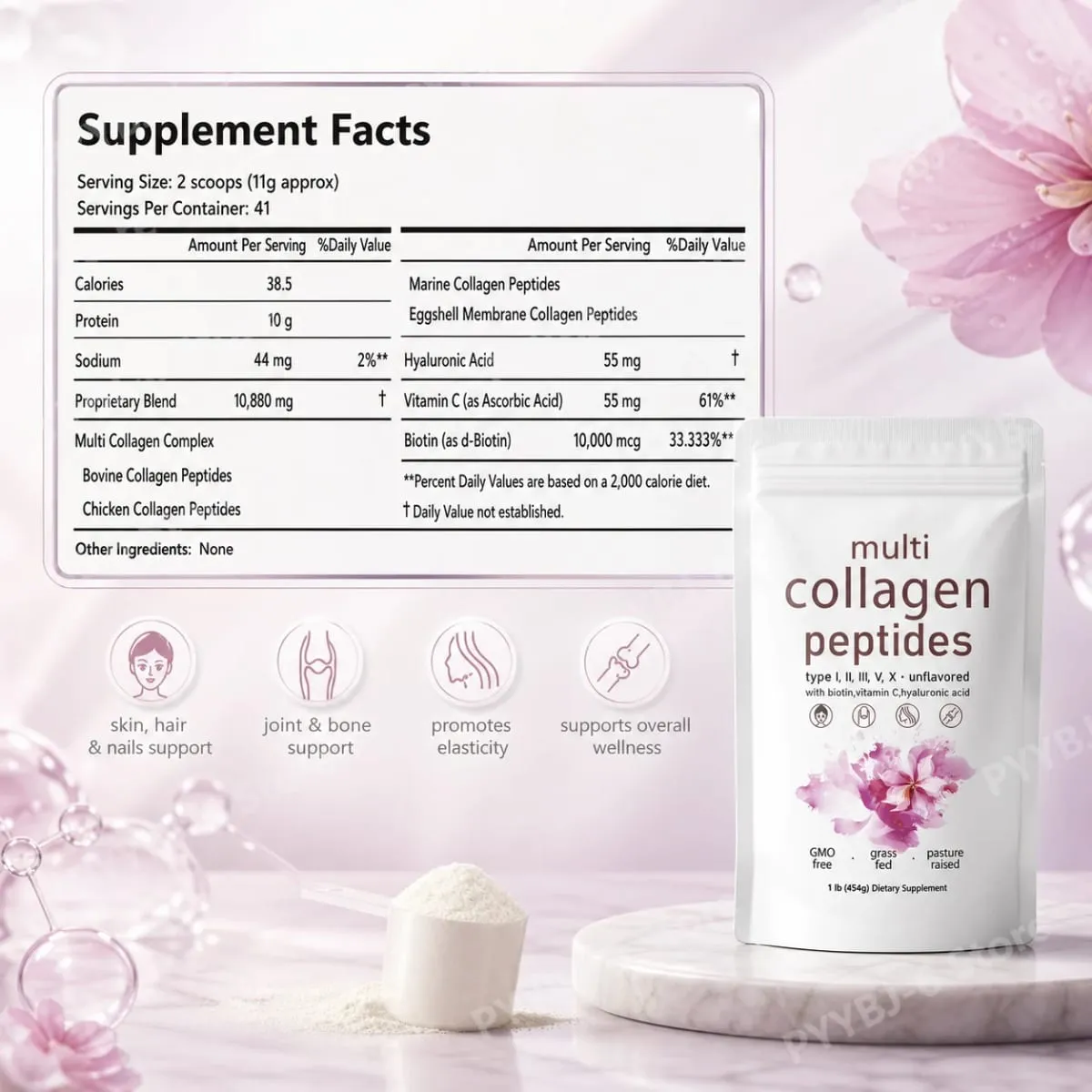 Multi Collagen Peptides Powder 454 g Unflavored Collagen Blend med Vitamin C Biotin Hyaluronsyre Hud Hår Negle Støtte — image 6