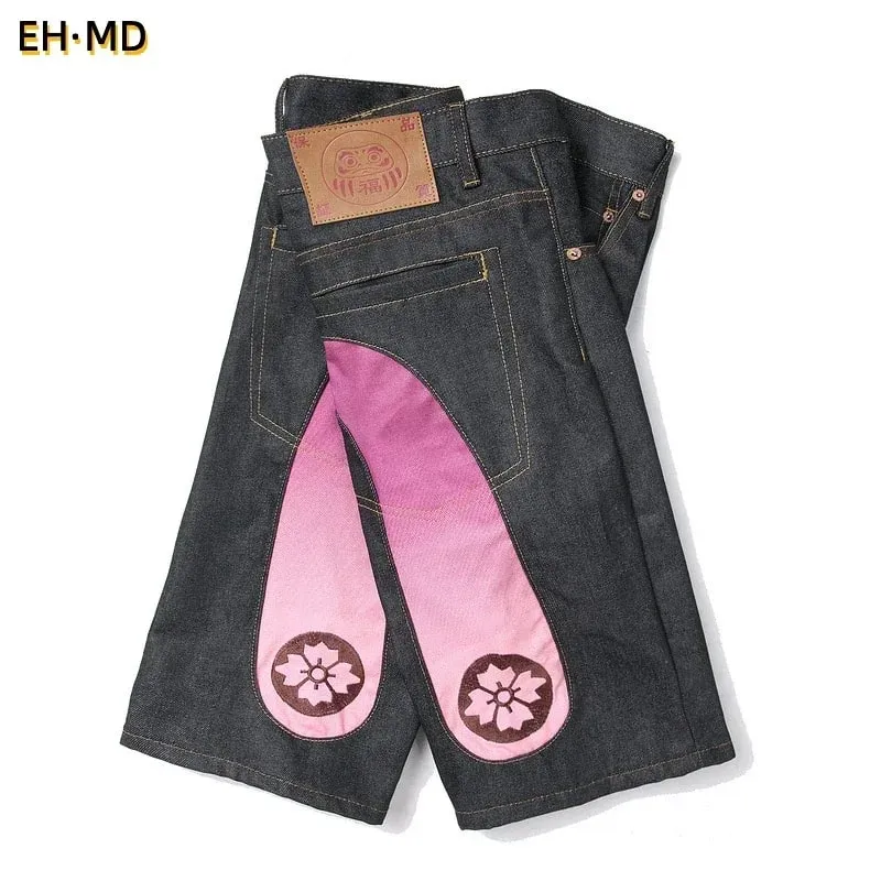 Men Embroidery Denim Shorts Black Hiphop Jeans Pants Cherry Blossom Dragon Totem Washed Zipper Cotton Summer cherry blossoms 024 — image 2