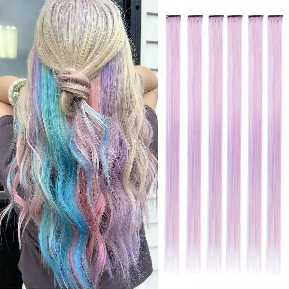 6pcs/pack Colored Party Highlights Clip in Hair Extensions 22 inches Multi-colors Straight Hair Synthetic Hairpieces